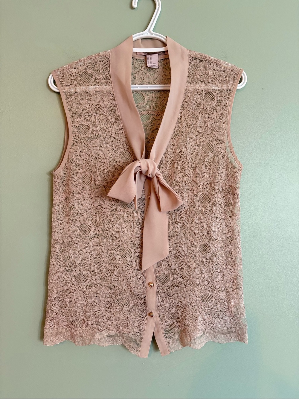 Love 21 Lace Blouse M Pink Sheer Sleeveless Bow Neck Tie Gold Buttons Romantic